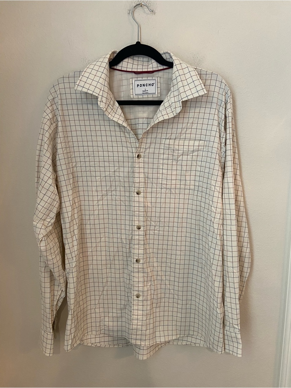 Poncho Fairhope Performance Fishing Shirt Large White Blue Red Plaid UPF 50+